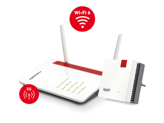 Router Wi-Fi FRITZ!Box 6850 5G MESH + Wzmacniacz Wi-Fi FRITZ!Repeater 1200 AX Wi-Fi 6 MESH